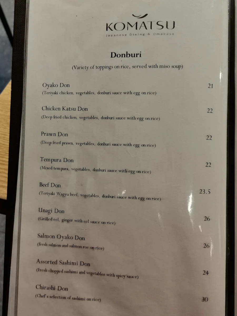 Menu, Komatsu Japanese Restaurant