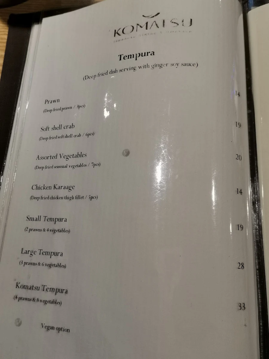 Menu, Komatsu Japanese Restaurant