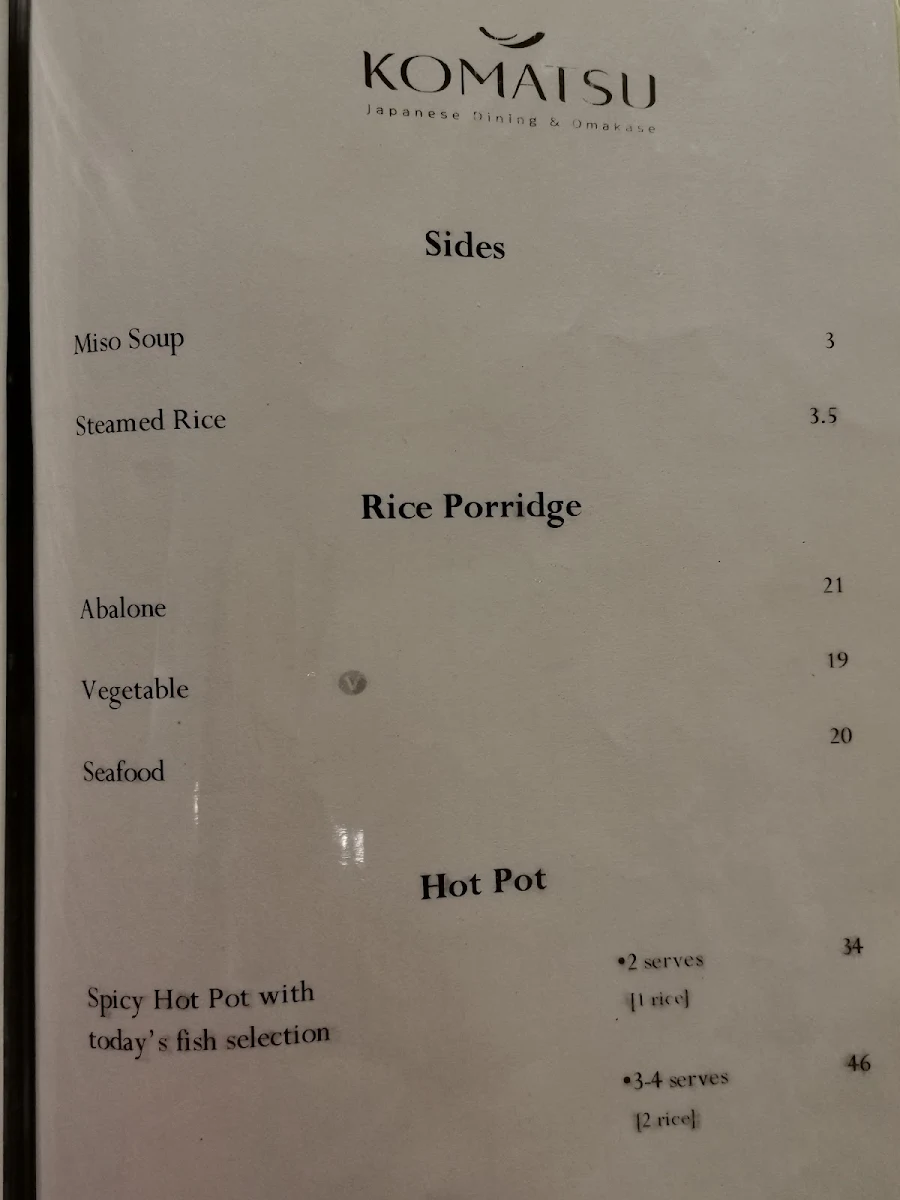 Menu, Komatsu Japanese Restaurant