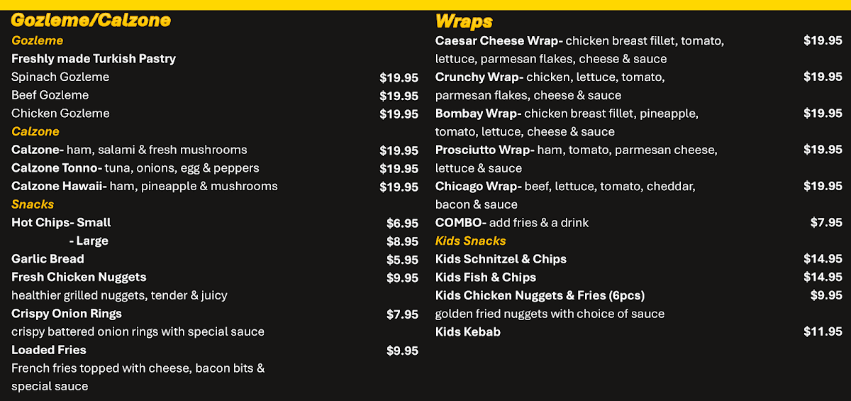 Menu, Golden Flame Pizza & Kebab & Burgers