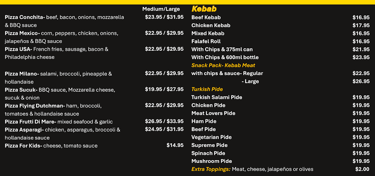 Menu, Golden Flame Pizza & Kebab & Burgers