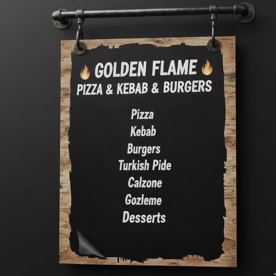 Menu, Golden Flame Pizza & Kebab & Burgers