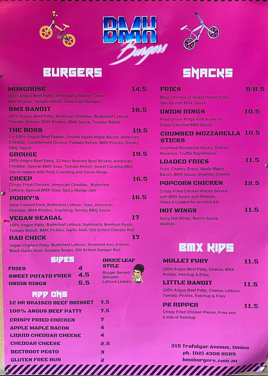 Menu, BMX Burgers