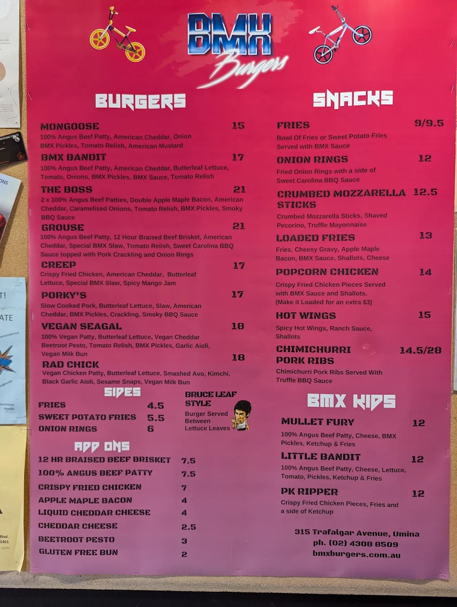 Menu, BMX Burgers