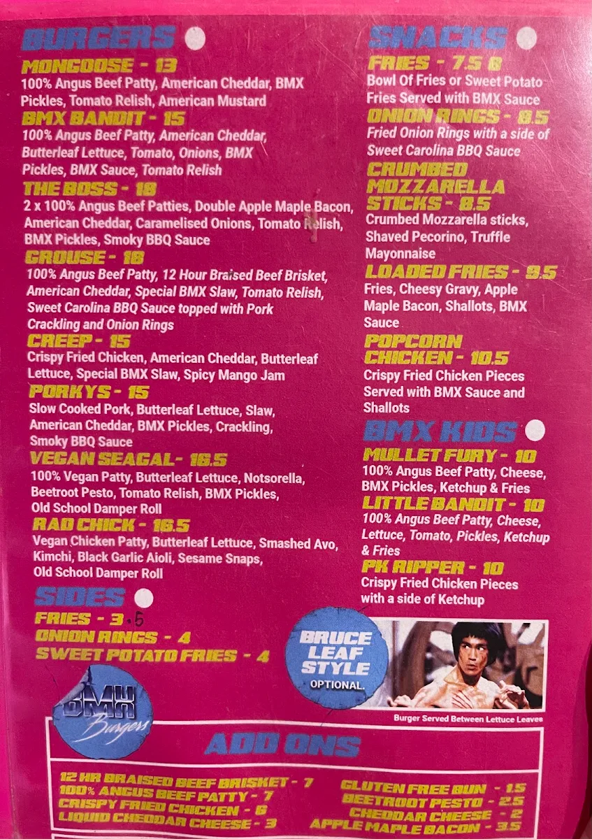 Menu, BMX Burgers