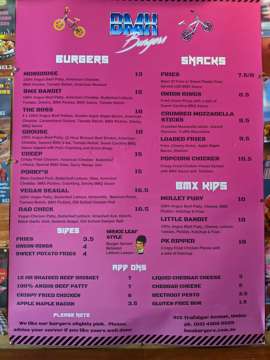 Menu, BMX Burgers