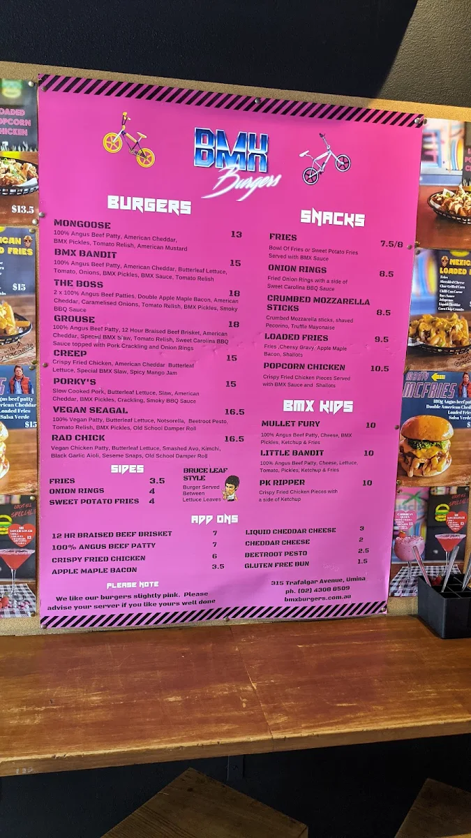 Menu, BMX Burgers