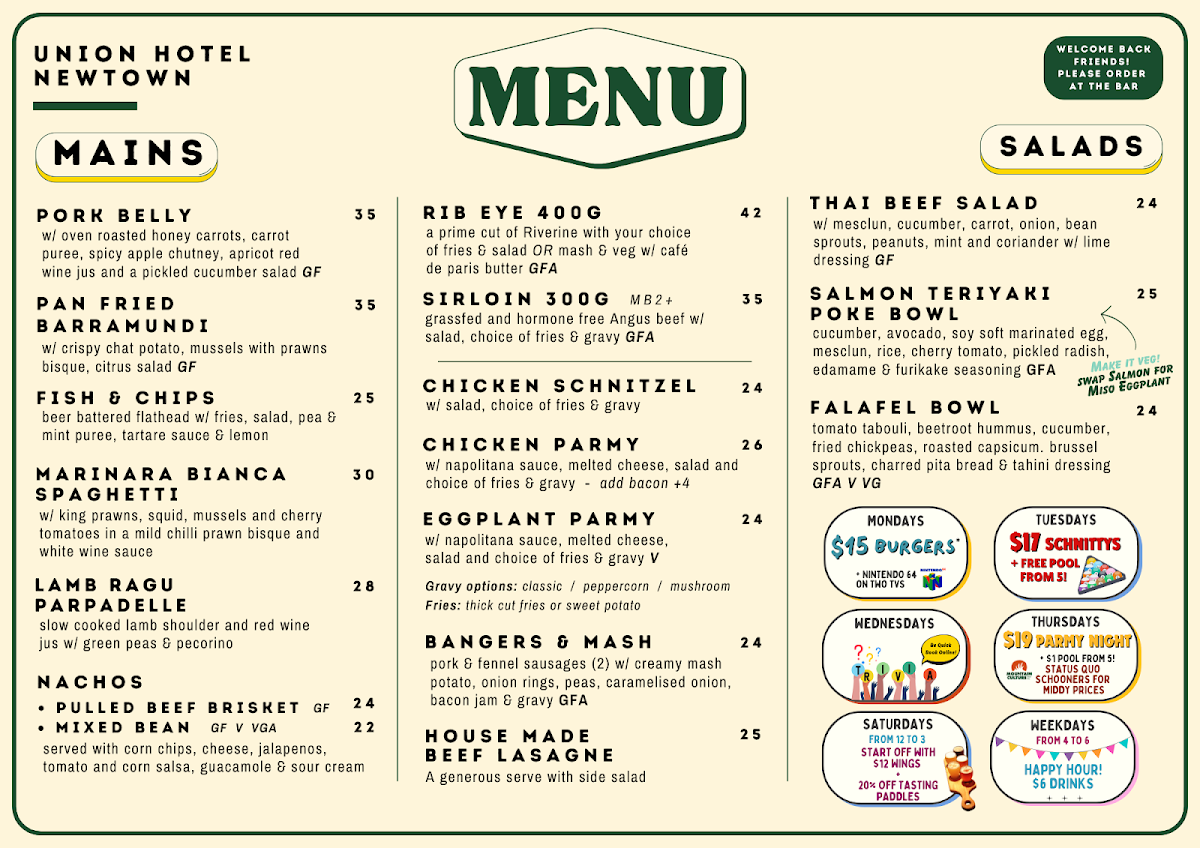Menu, Union Hotel