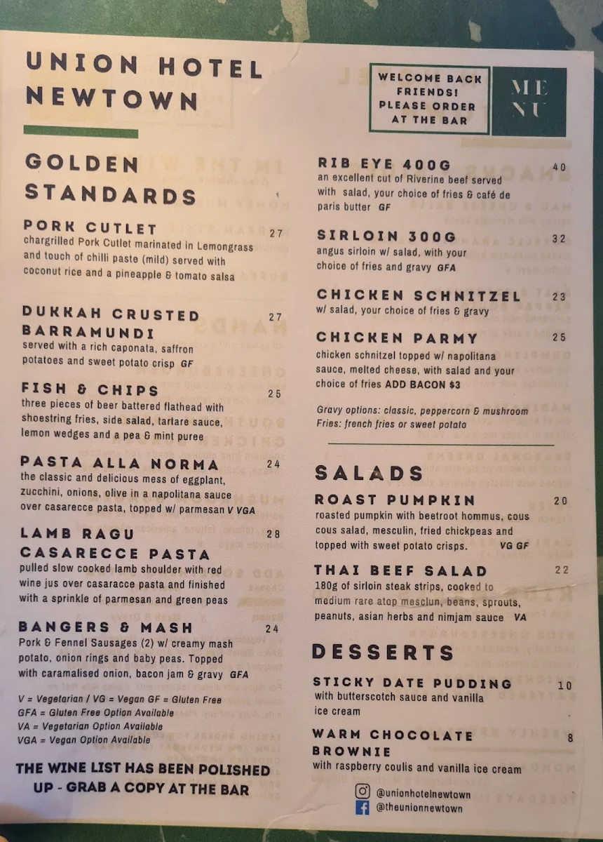Menu, Union Hotel