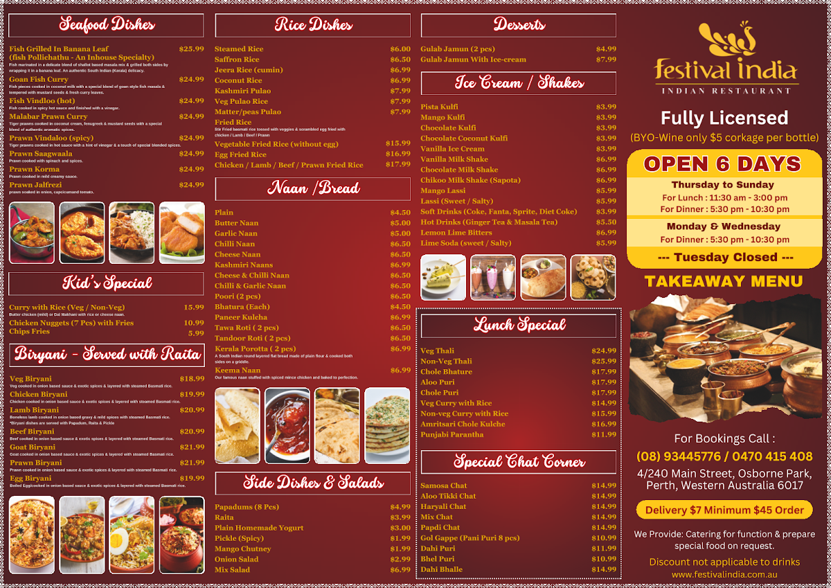 Menu, Festival India - Indian Restaurant and Banquet Hall