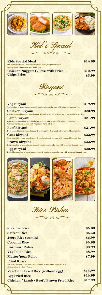 Menu, Festival India - Indian Restaurant and Banquet Hall