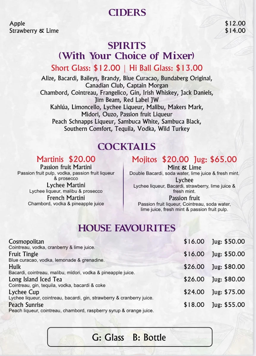 Menu, Purple Lounge (Food, Cocktail & Shisha Bar)