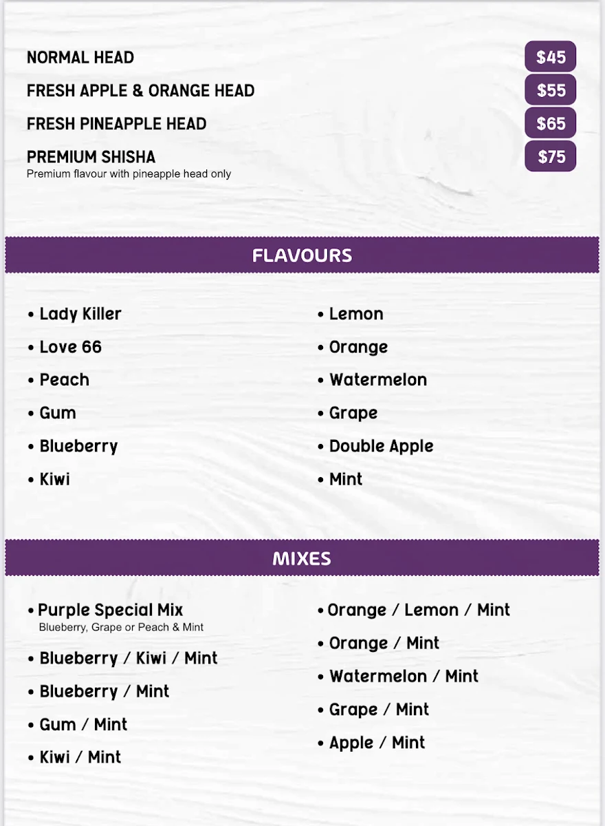 Menu, Purple Lounge (Food, Cocktail & Shisha Bar)