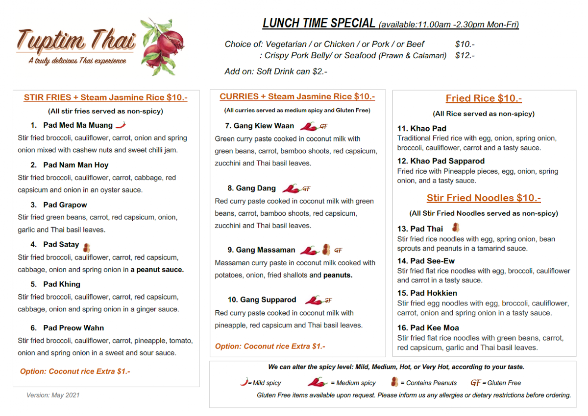 Menu, Tuptim Thai Lara