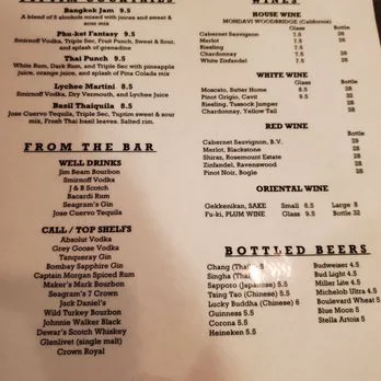 Menu, Tuptim Thai Lara