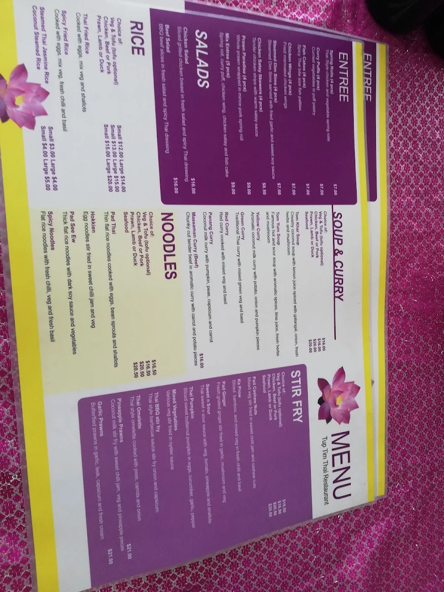 Menu, Tuptim Thai Lara