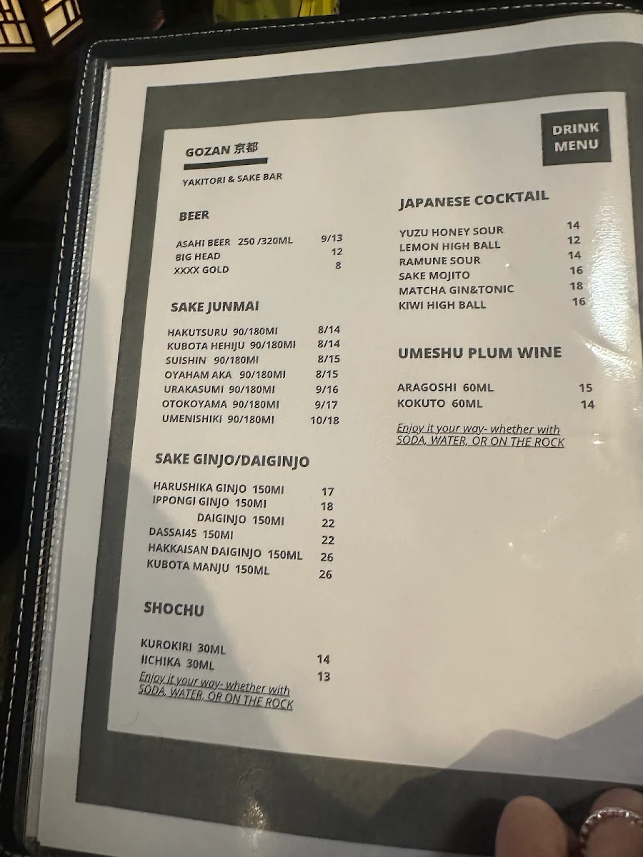 Menu, Gozan Kyoto Charcoal Grill Izakaya