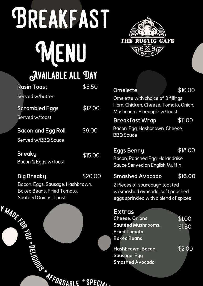 Menu, The Rustic Cafe Gin Gin