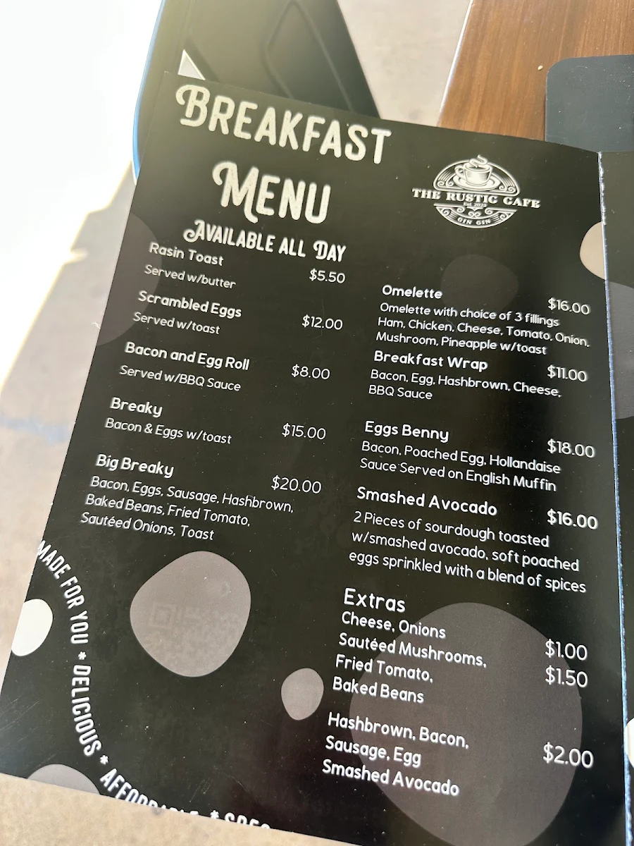Menu, The Rustic Cafe Gin Gin