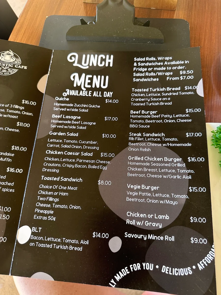 Menu, The Rustic Cafe Gin Gin