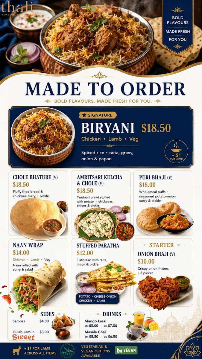 Menu, Thali Contemporary Indian