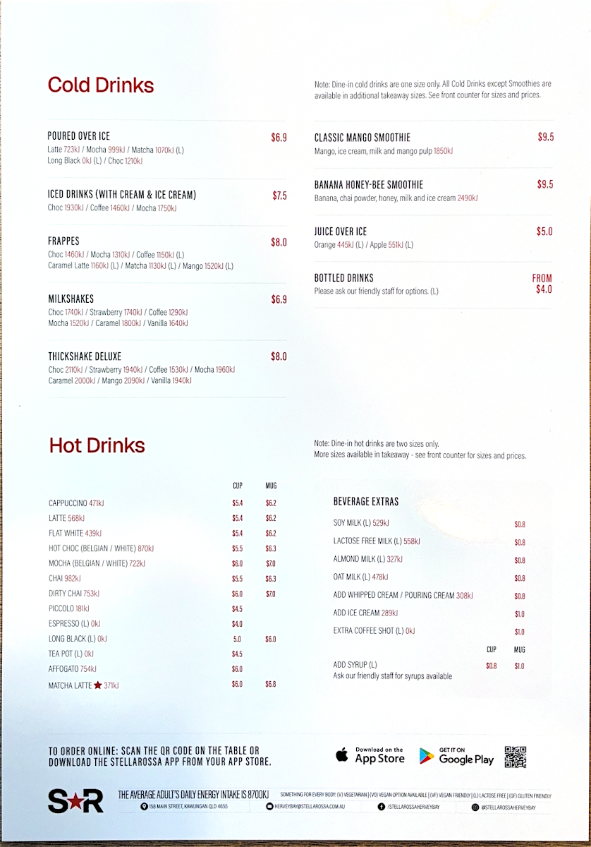 Menu, Stellarossa Hervey Bay (Drive Thru Cafe)
