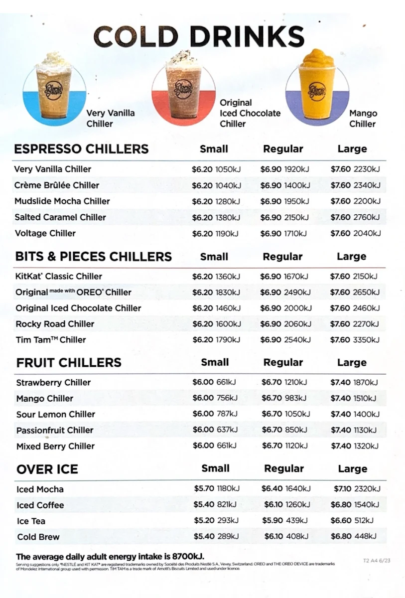 Menu, Gloria Jean's Bundoora Polaris