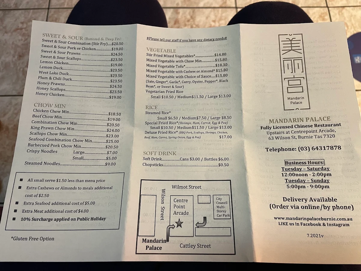 Menu, Mandarin Palace