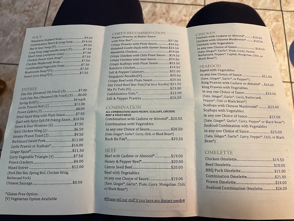 Menu, Mandarin Palace