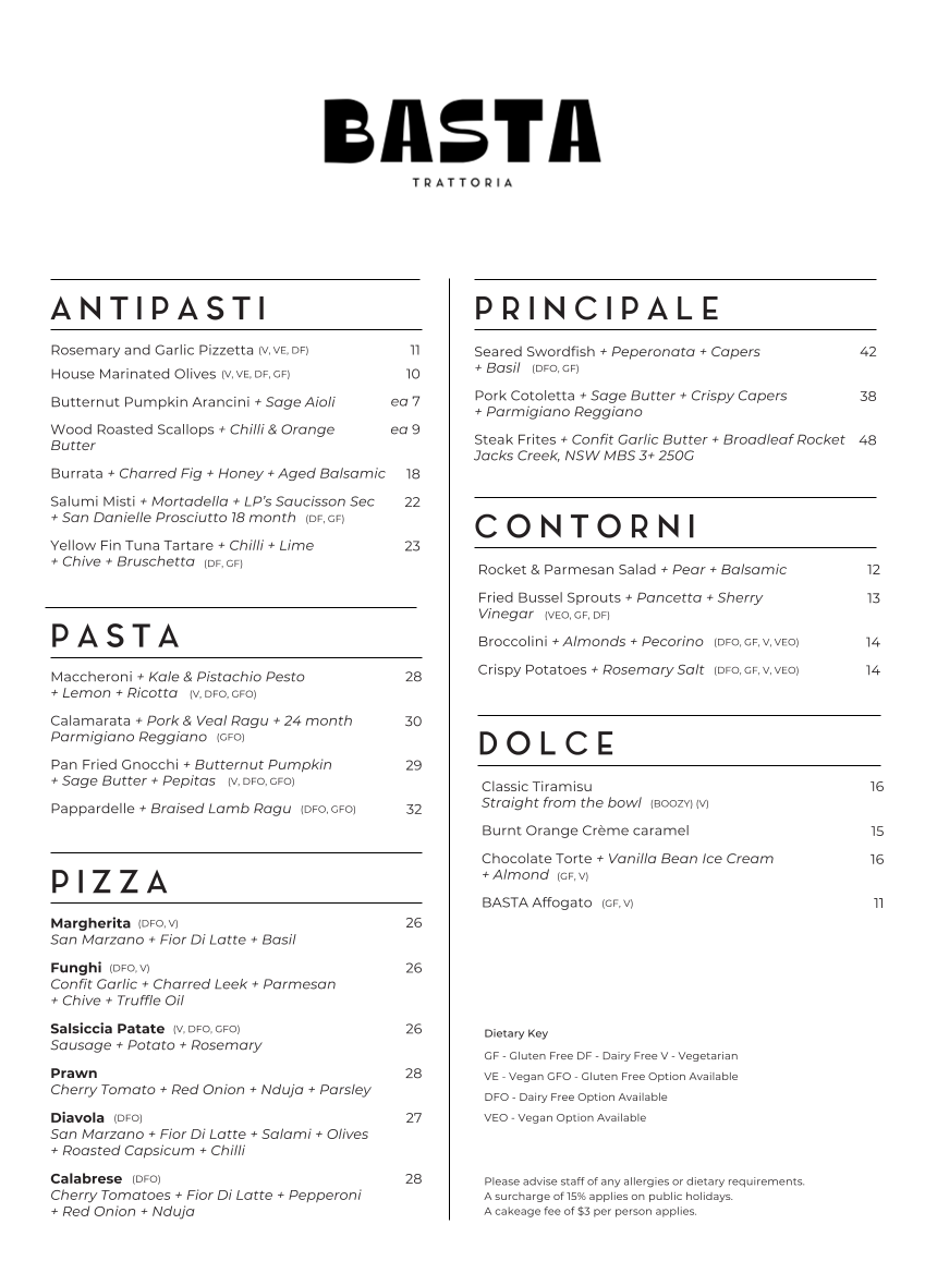 Menu, BASTA Trattoria