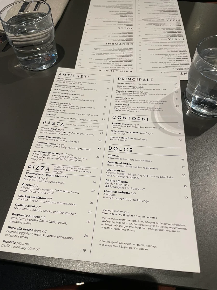 Menu, BASTA Trattoria