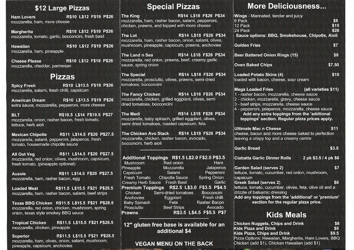 Menu, Pizza Rio