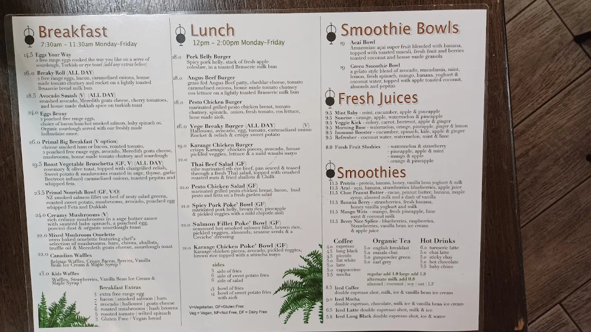 Menu, Primal Barista