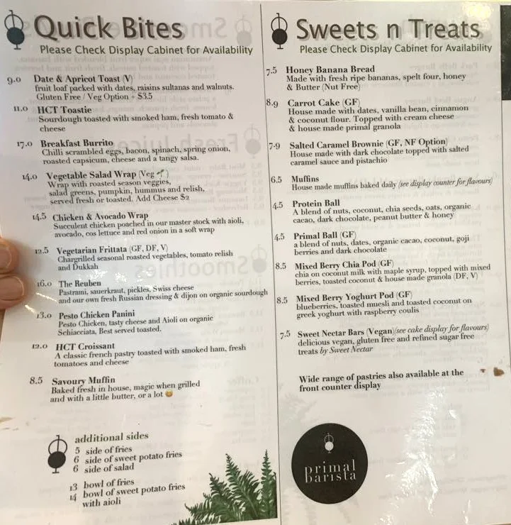 Menu, Primal Barista