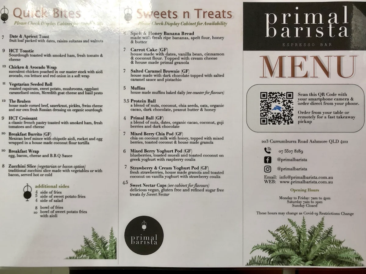 Menu, Primal Barista