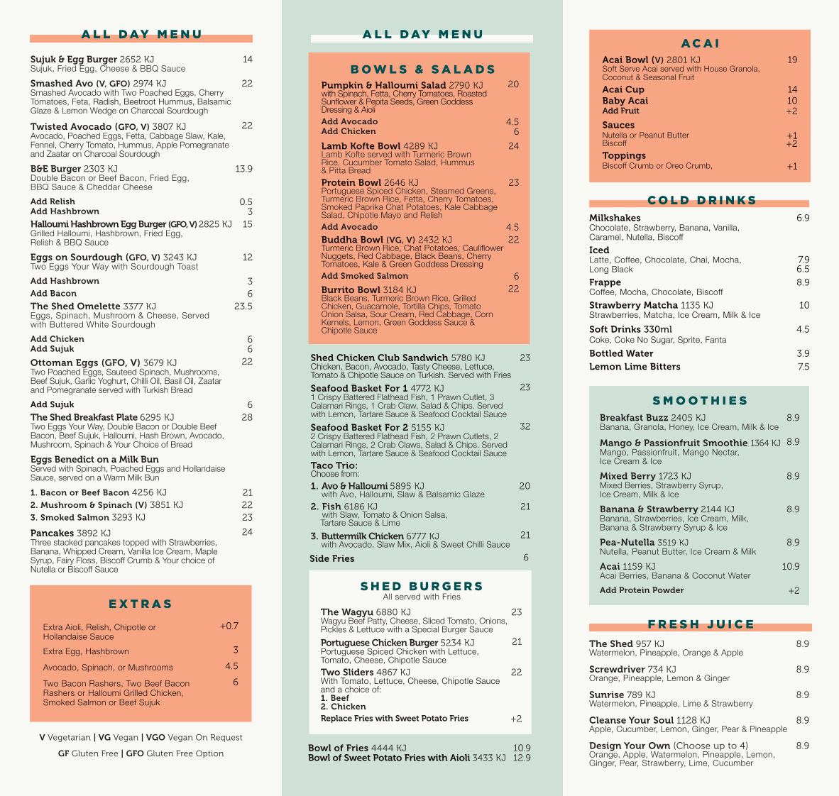 Menu, The Shed Cafe - Liverpool