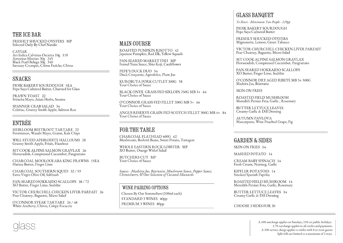Menu, Glass Brasserie