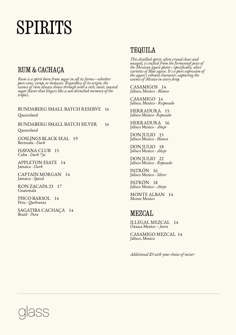Menu, Glass Brasserie
