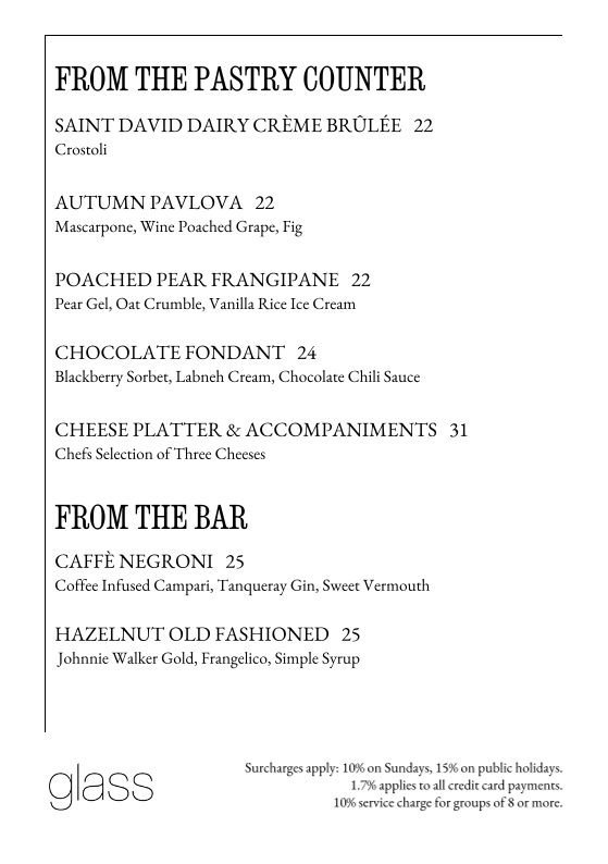 Menu, Glass Brasserie