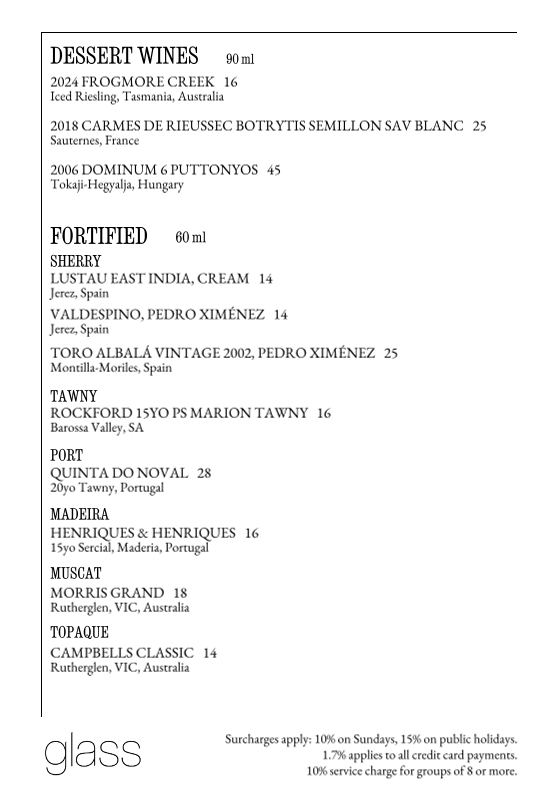 Menu, Glass Brasserie