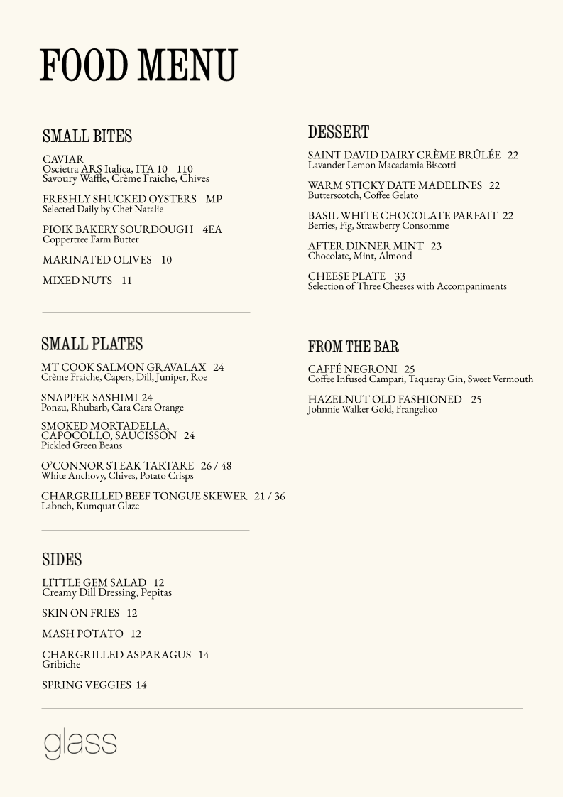 Menu, Glass Brasserie