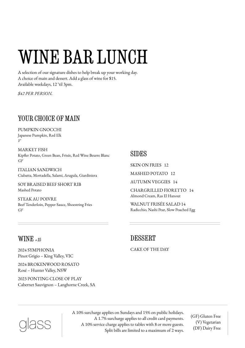 Menu, Glass Brasserie