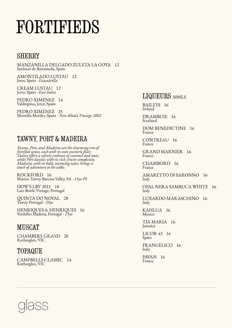 Menu, Glass Brasserie