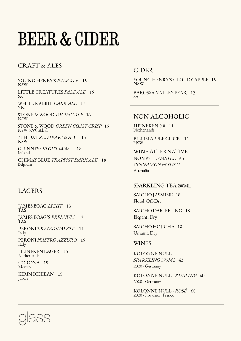 Menu, Glass Brasserie