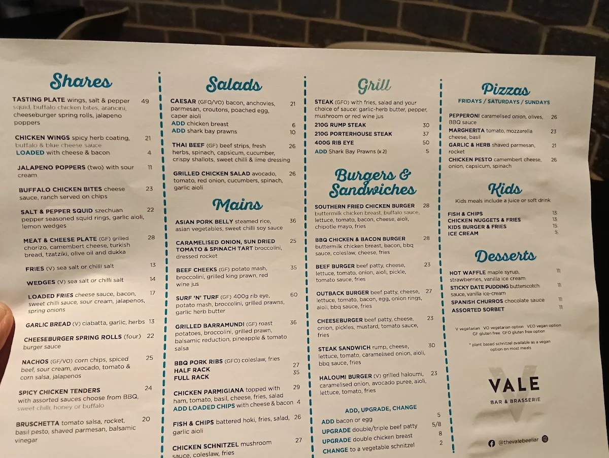Menu, The Vale Bar & Brasserie