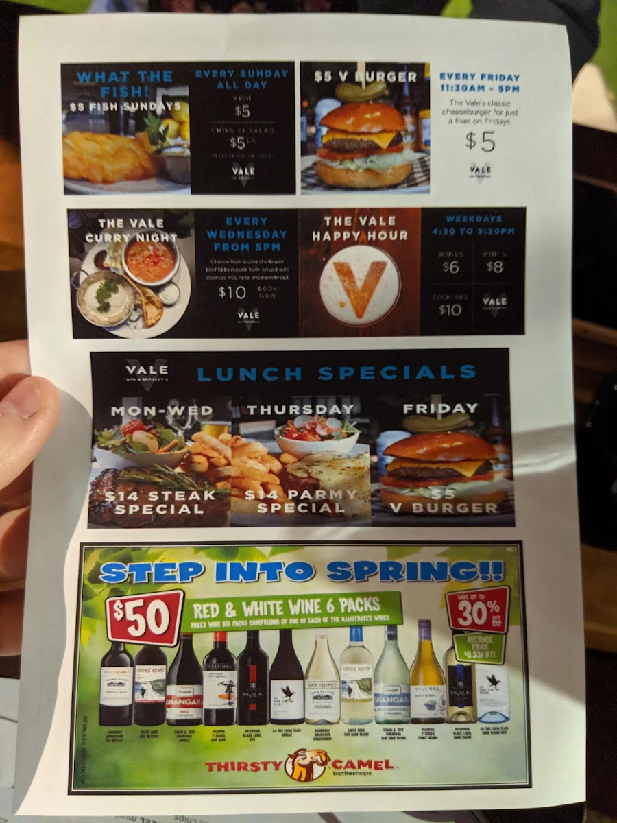 Menu, The Vale Bar & Brasserie