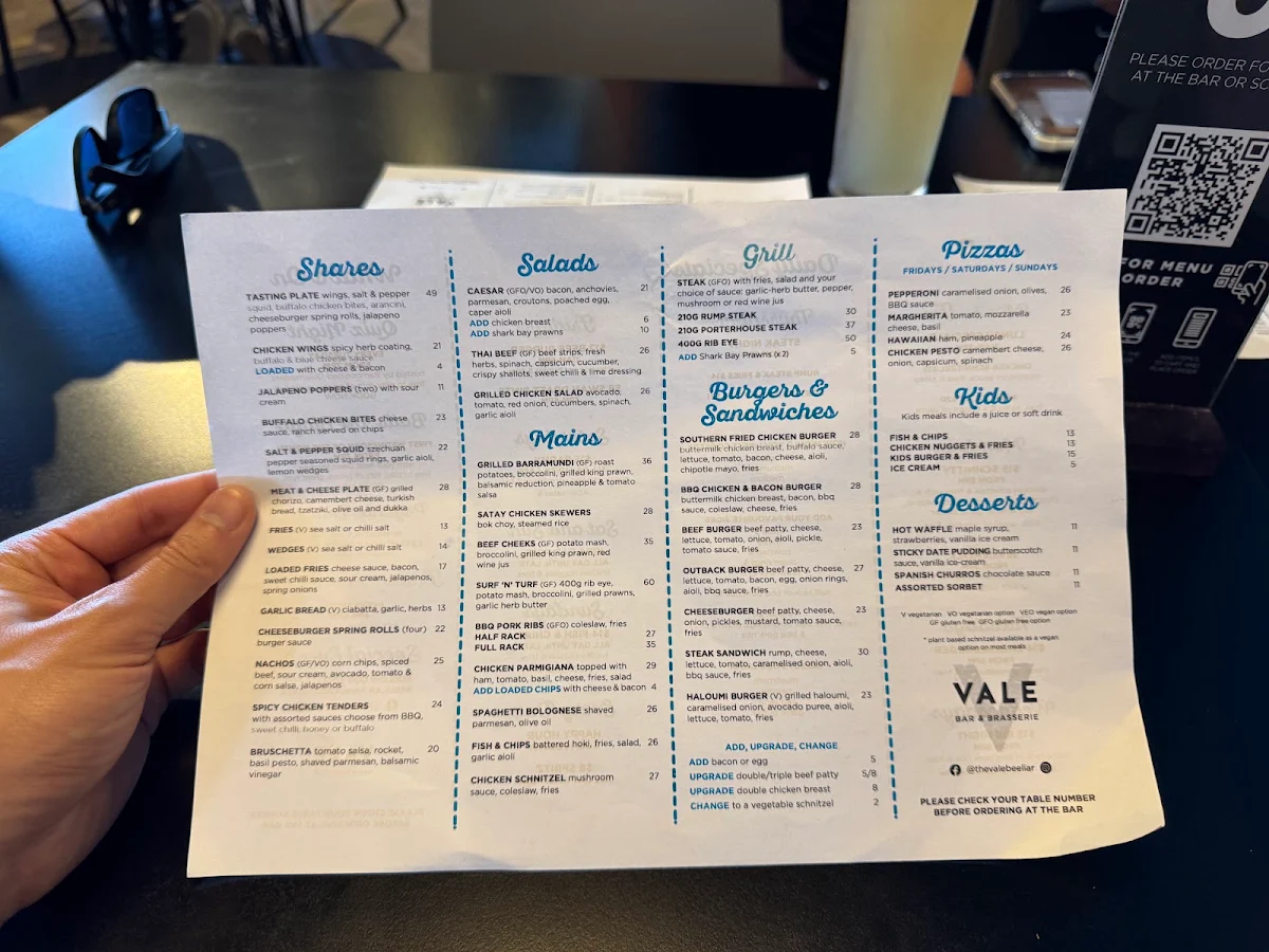 Menu, The Vale Bar & Brasserie