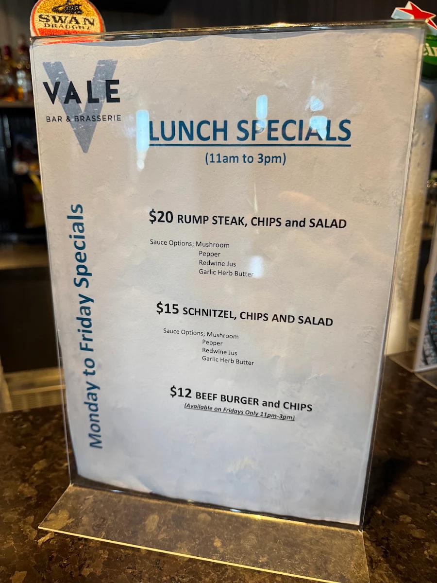 Menu, The Vale Bar & Brasserie