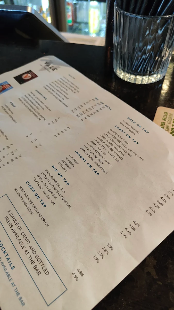 Menu, The Vale Bar & Brasserie