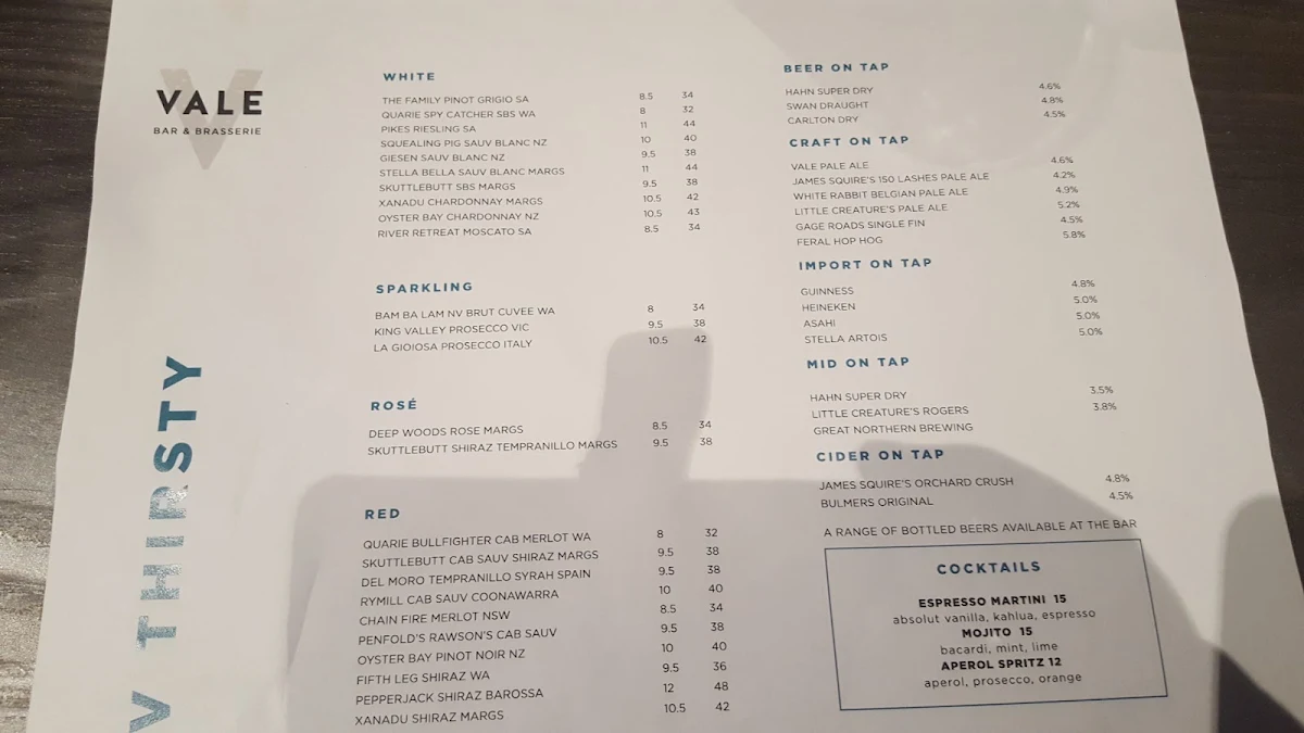 Menu, The Vale Bar & Brasserie